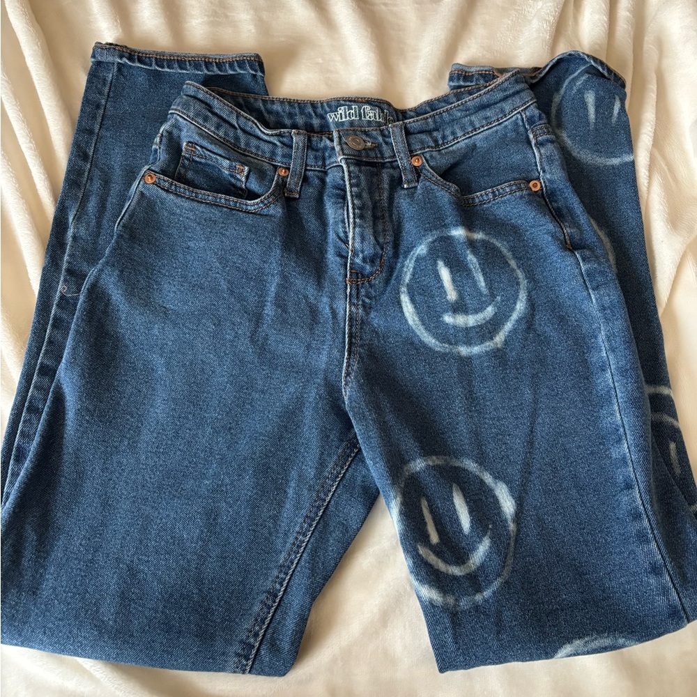 wild fable Dark Blue Denim Jeans with Bleached Smile Faces